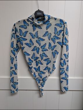 PrettyLittleThing Sheer Blue Butterfly Print Bosysuit, sz 4